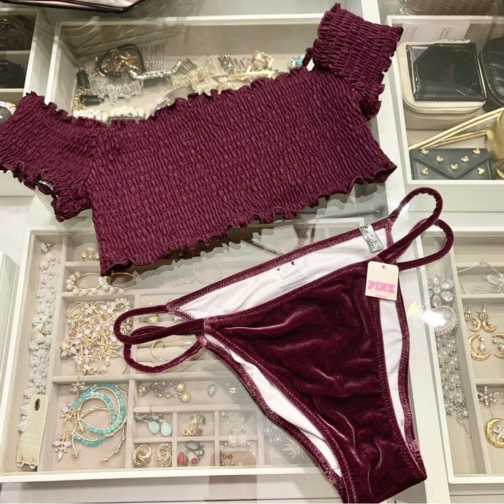💜 VS PINK Maroon Dark Red Smocked Crop Top Velvet String Mini Bikini Swimsuit